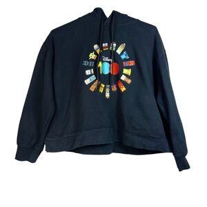 Disney 100 Friend Cropped Hoodie Womens Black Pullover Embroidered Characters XL